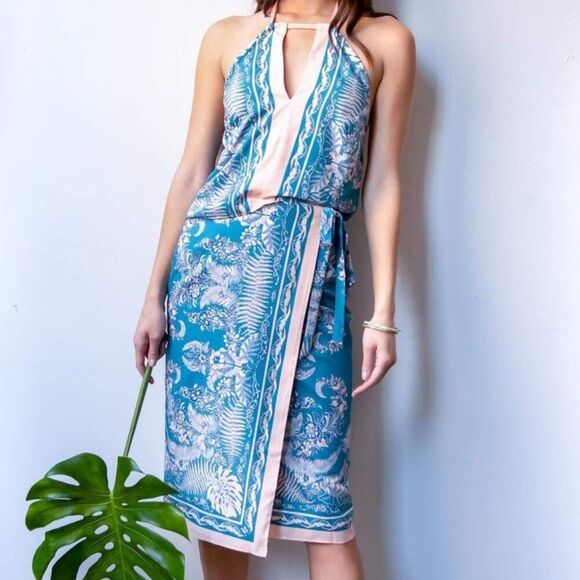 Eva Franco Teal & Pink Botanical Print Skirt Set (Size 4)